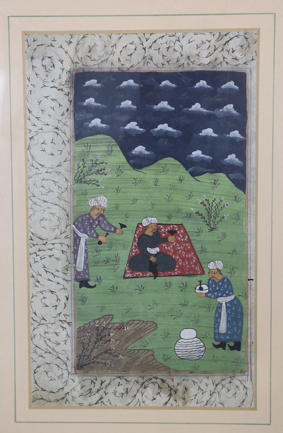 Persian School, gouache on paper, figures in landscape, inscription verso, 22.5 x 14cm, together with two Japanese woodblock prints including Hokusai Gaen, Dictionary of Characters (3)